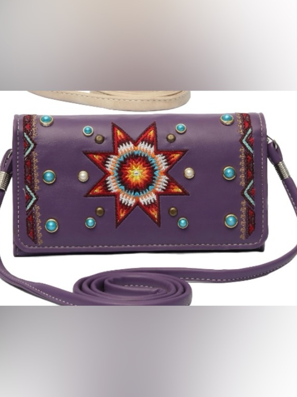 Embroidered Star Accent Purple Crossbody Wallet